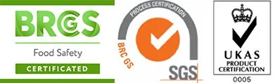 Juiceworks Ltd accreditation badges: BRC Global Standards AA Grade, HACCP certified