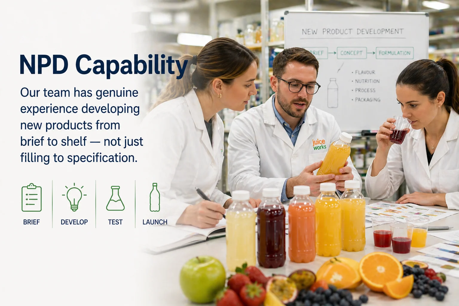 NPD Capability — our team develops new products from brief to shelf, not just filling to specification