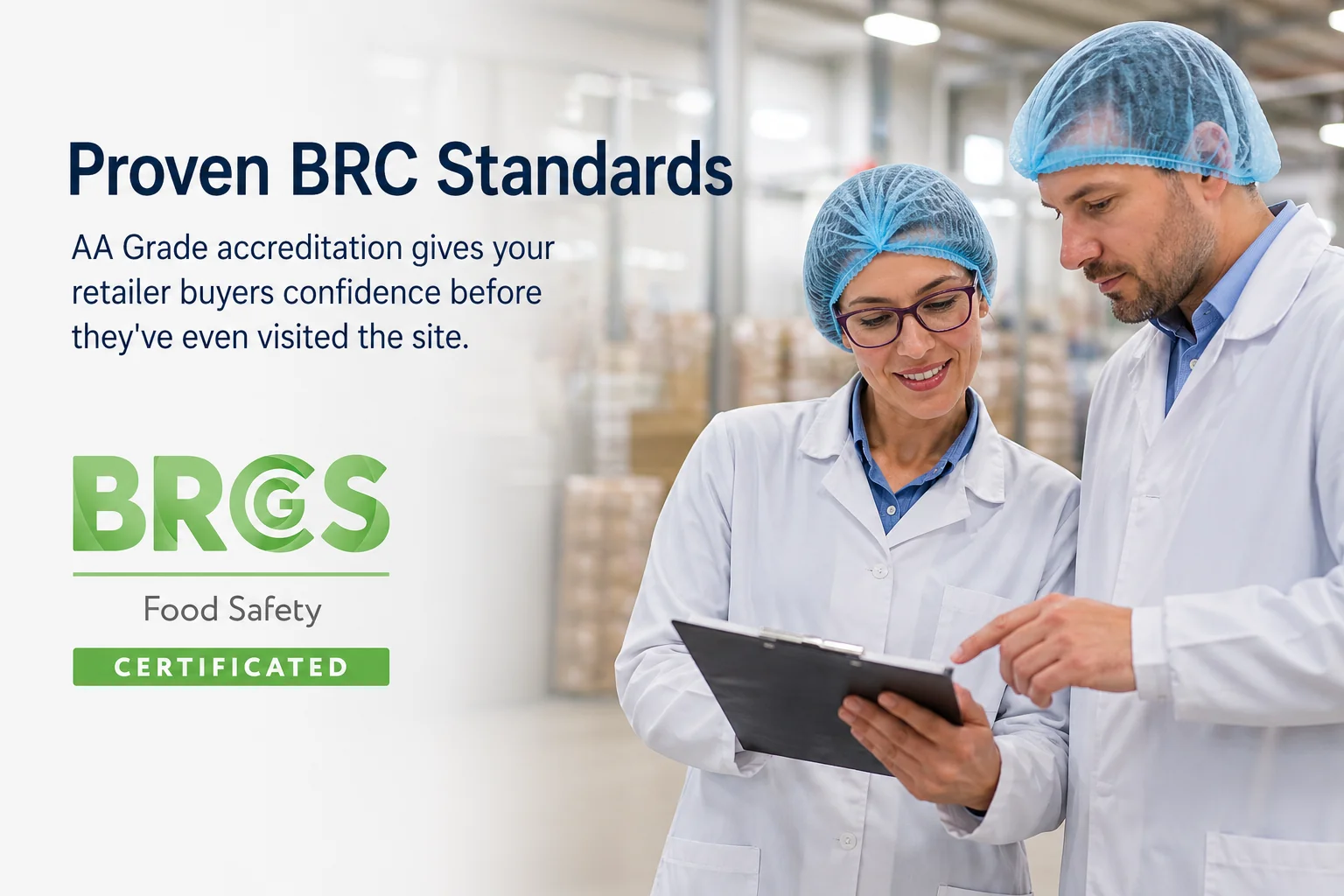 Proven BRC Standards — AA Grade accreditation gives your retailer buyers confidence before they've even visited the site